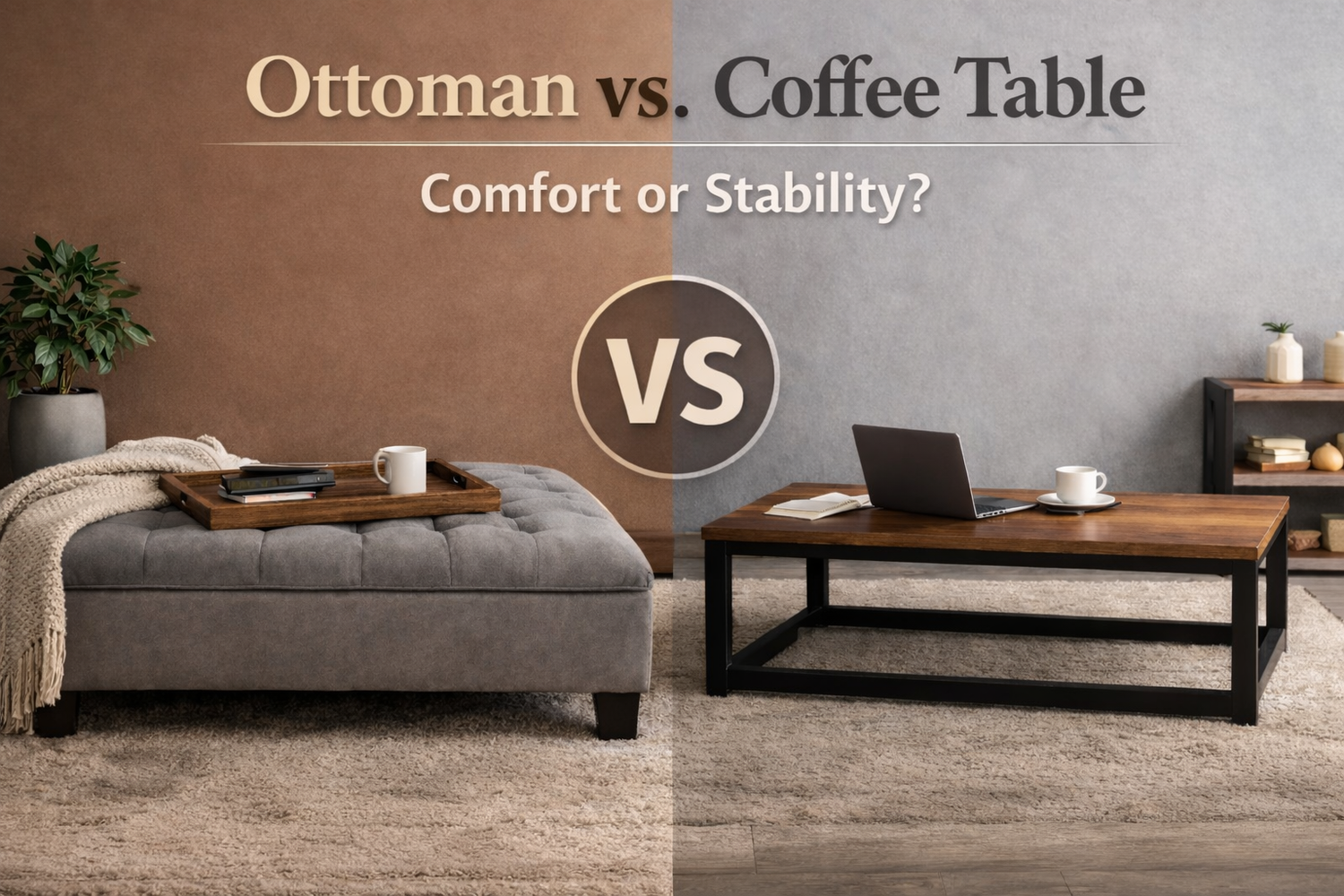 Ottoman vs coffee table comparison showing upholstered ottoman with tray and wooden coffee table with laptop and cups.