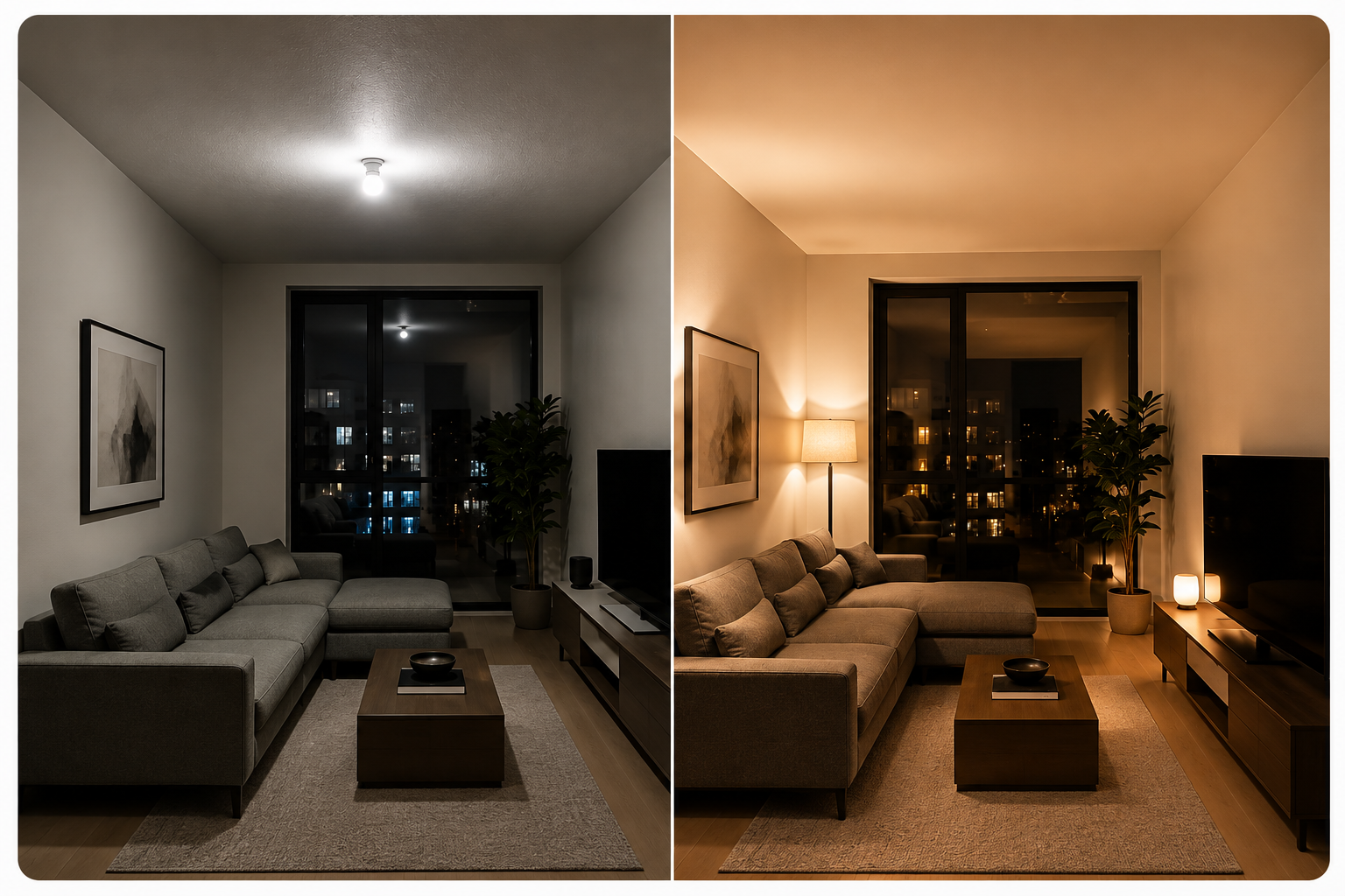 Side-by-side comparison of a modern living room at night: harsh overhead lighting makes a grey sofa look dull and cool, while warm layered lighting creates a cozy atmosphere and enhances furniture colors.