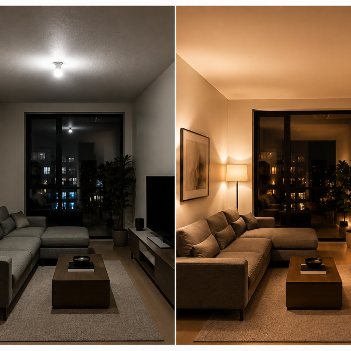 Side-by-side comparison of a modern living room at night: harsh overhead lighting makes a grey sofa look dull and cool, while warm layered lighting creates a cozy atmosphere and enhances furniture colors.