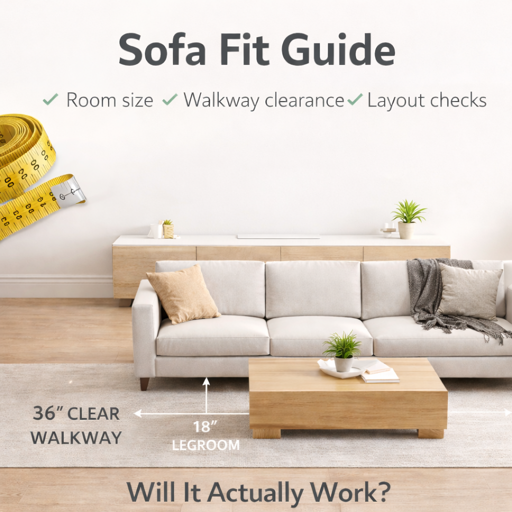 Sofa fit guide showing 36-inch walkway clearance and 18-inch legroom between sofa and coffee table—how to check if your living room layout actually works