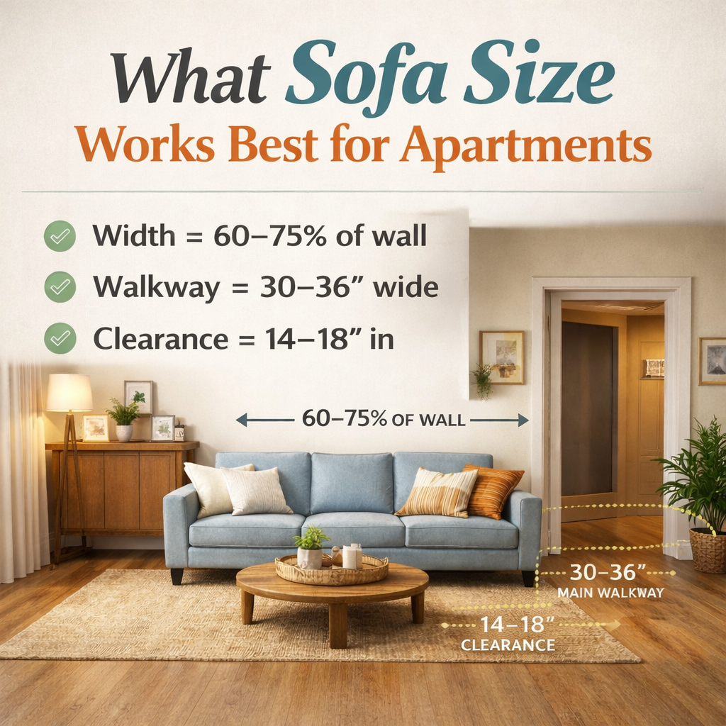 Apartment sofa size guide showing ideal 3-seater sofa width (60–75% of wall) with 30–36 inch walkway and balanced living room layout