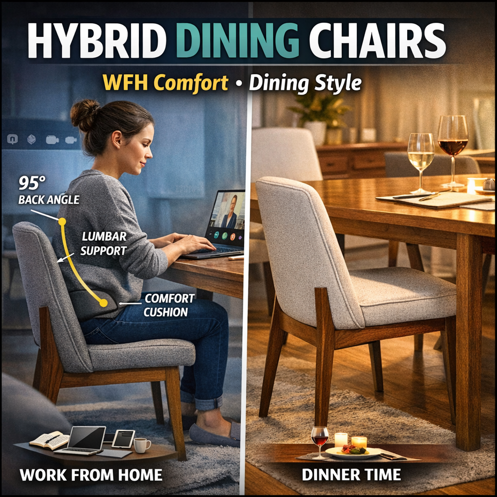 Hybrid dining chair for work from home with ergonomic 95-degree posture, lumbar support, and cushion compared to standard dining chair for dining use
