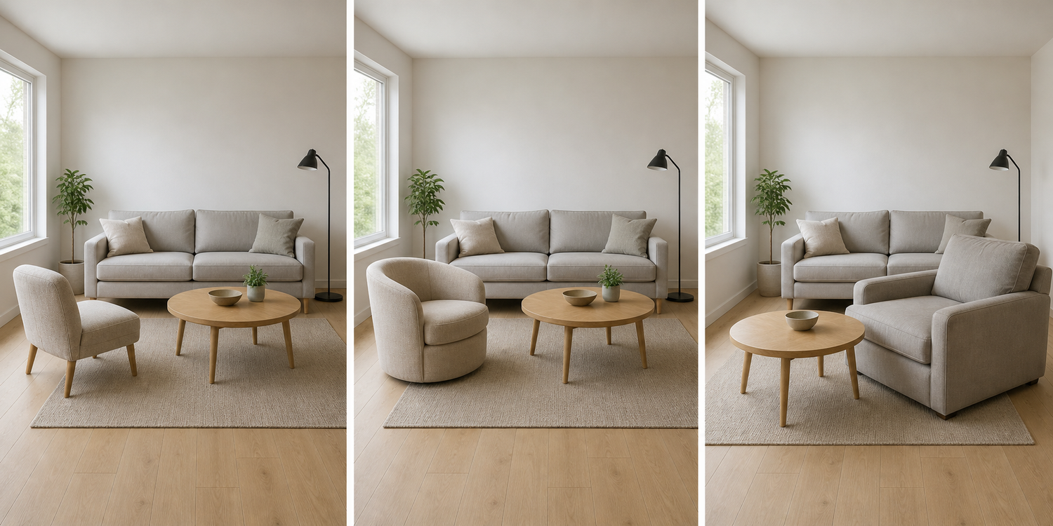 Accent chair size comparison showing small, balanced, and oversized chairs affecting comfort and living room layout
