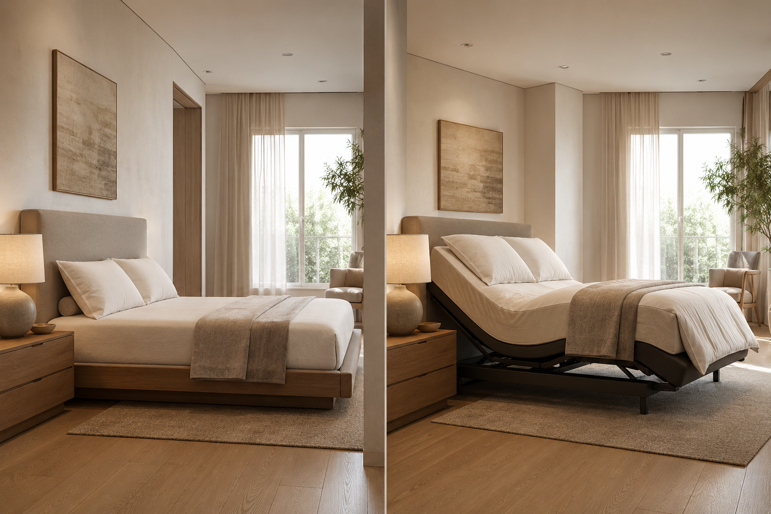 Adjustable bed vs standard bed comparison in a modern bedroom showing flat and elevated sleep positions
