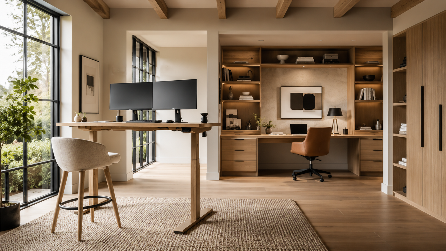 Adjustable desk vs fixed desk comparison featuring a premium standing desk and fixed-height home office workstation for remote work and ergonomics