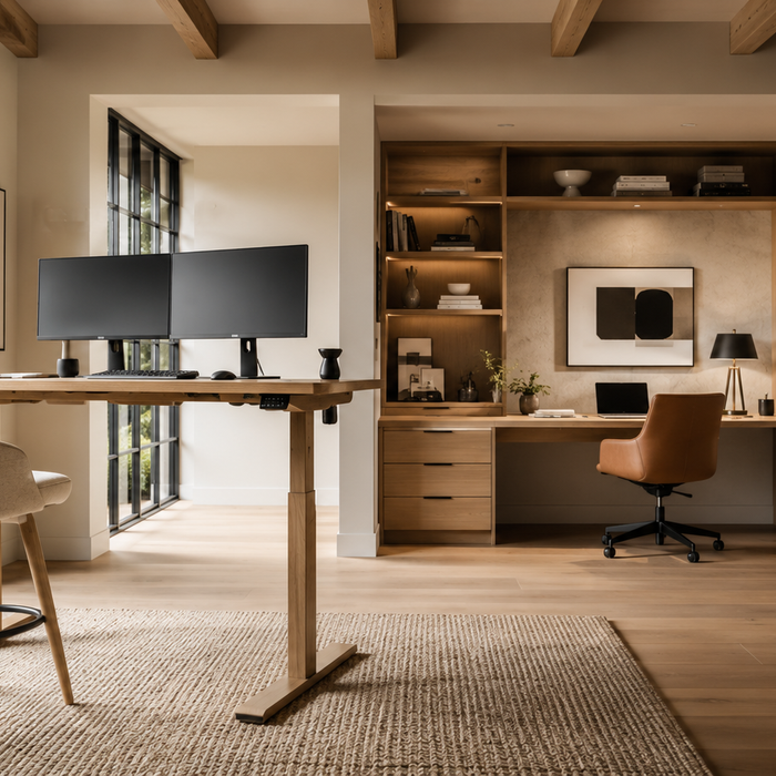 Adjustable desk vs fixed desk comparison featuring a premium standing desk and fixed-height home office workstation for remote work and ergonomics