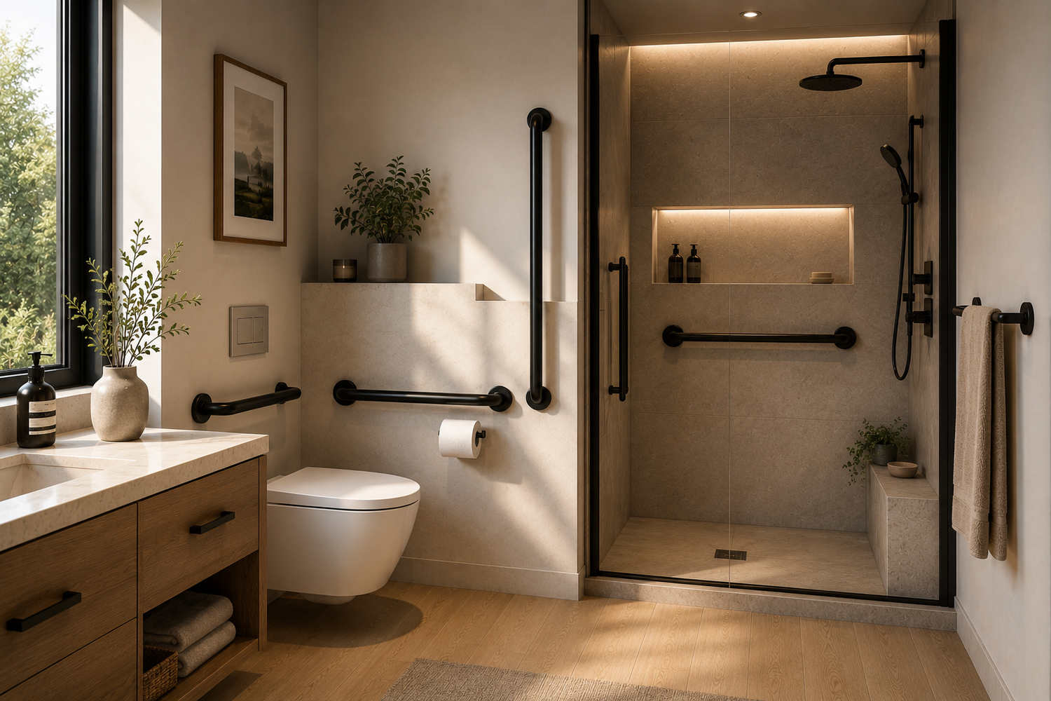 Modern aging-in-place bathroom with elegant grab bars, safe walk-in shower, and premium accessible design.