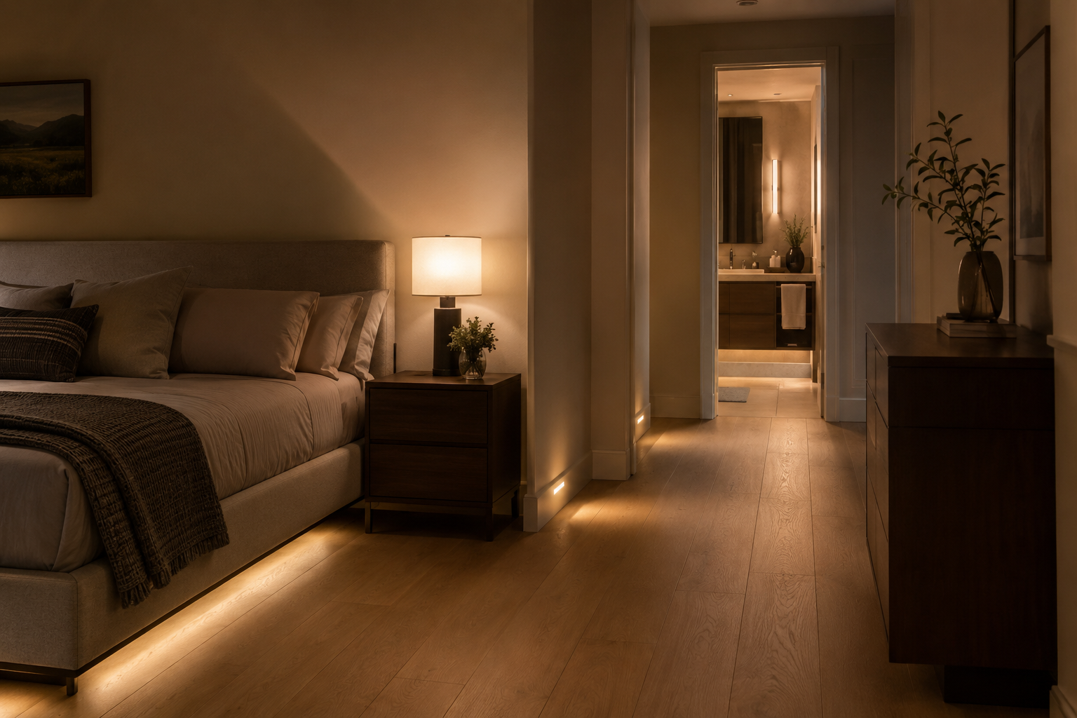 Aging-in-place bedroom with clear night path, stable bedside table, proper bed height, and soft 3 a.m. lighting