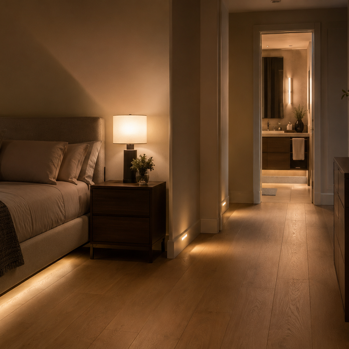Aging-in-place bedroom with clear night path, stable bedside table, proper bed height, and soft 3 a.m. lighting