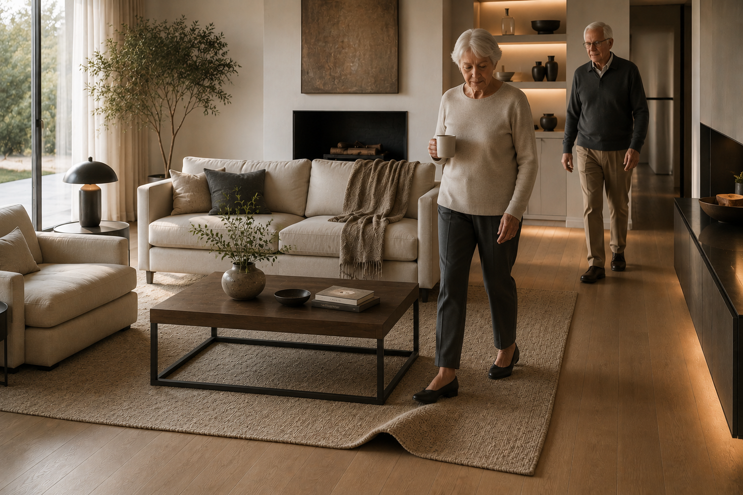 Older adults navigating a living room with low center furniture, layered obstacles, and overlapping walking paths in an aging-in-place home