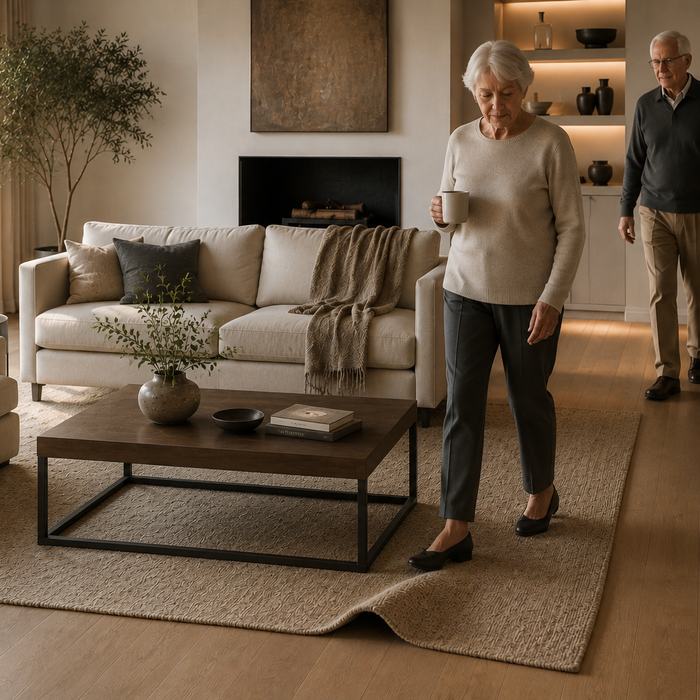 Older adults navigating a living room with low center furniture, layered obstacles, and overlapping walking paths in an aging-in-place home