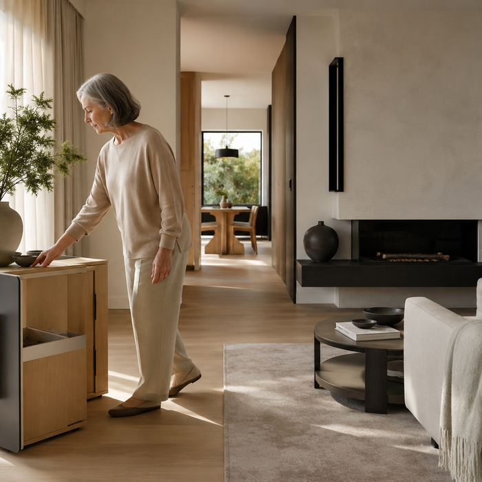 Older adult in an aging-in-place living room with clear walkways, accessible furniture, and a stable side table for everyday use