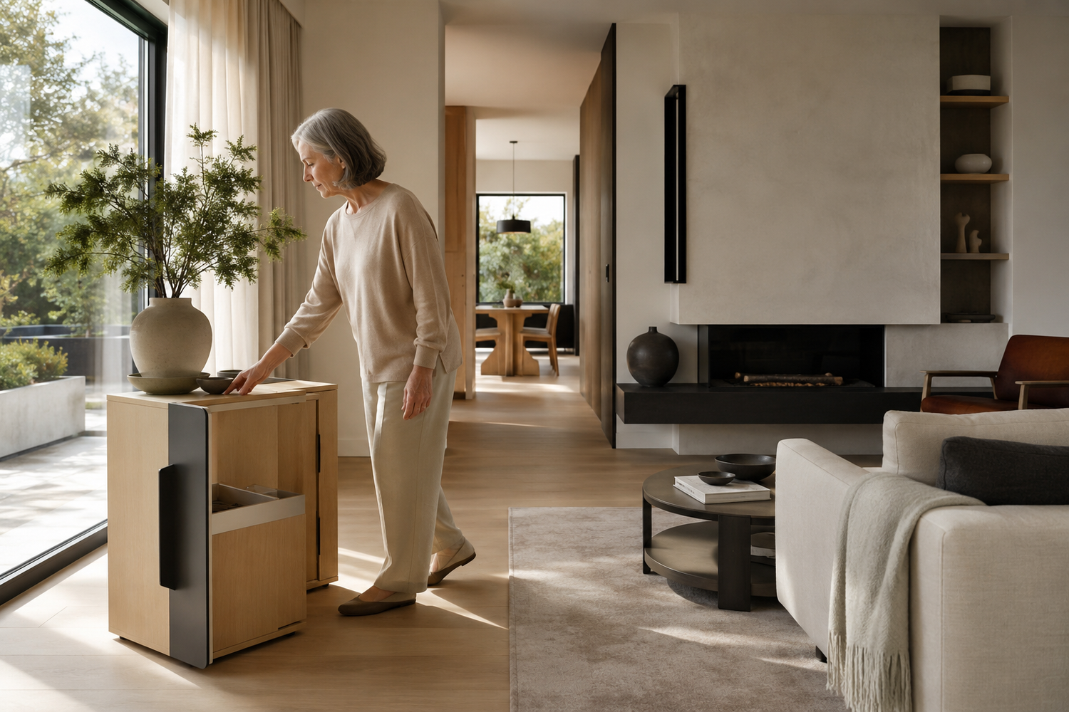 Elegant aging-in-place living room design with clear walkways, supportive furniture, and easier everyday movement for seniors, retirees, and older adults