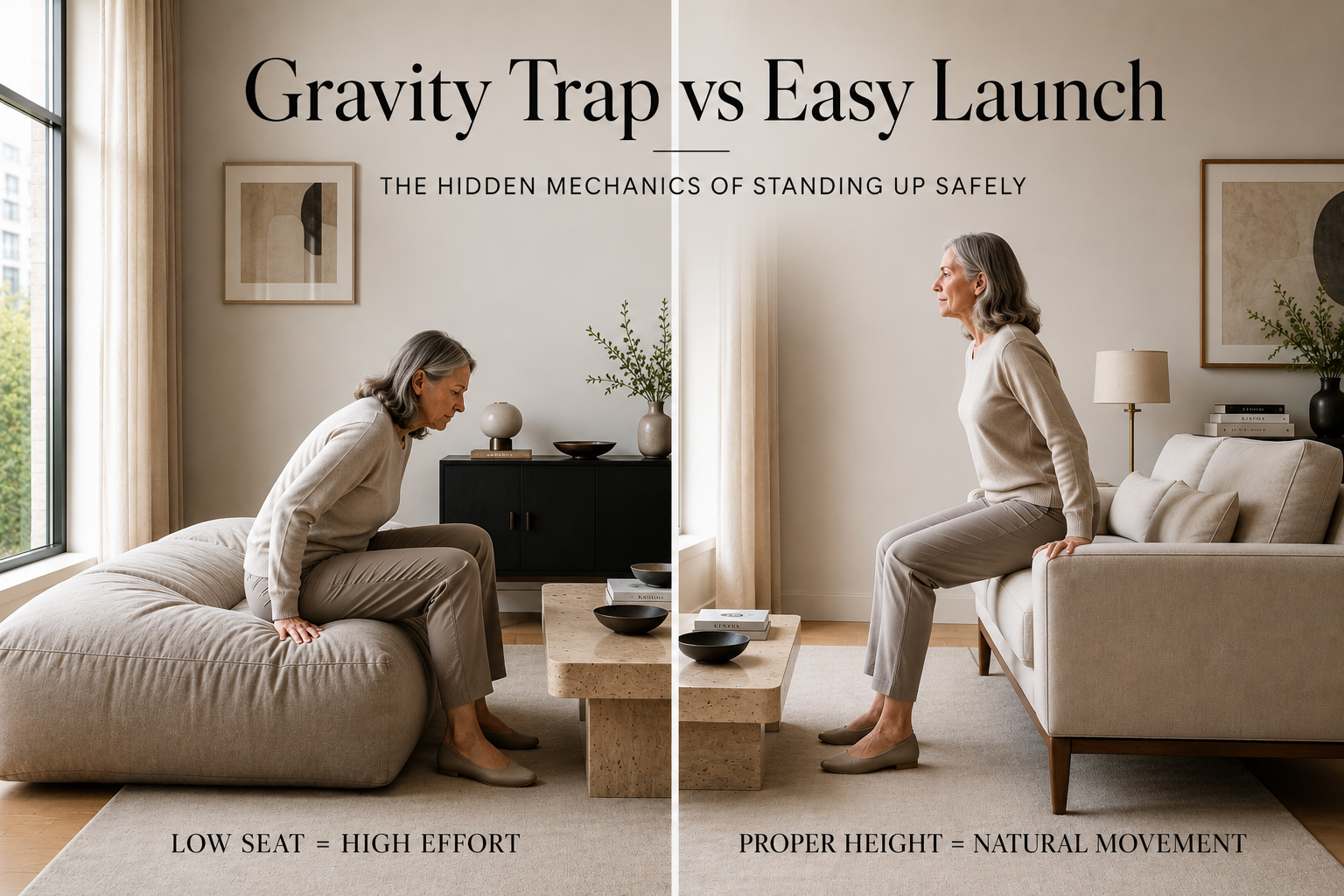 Elegant aging-in-place living room comparison showing how supportive sofa geometry improves standing posture while overly soft low seating increases physical effort for older adults