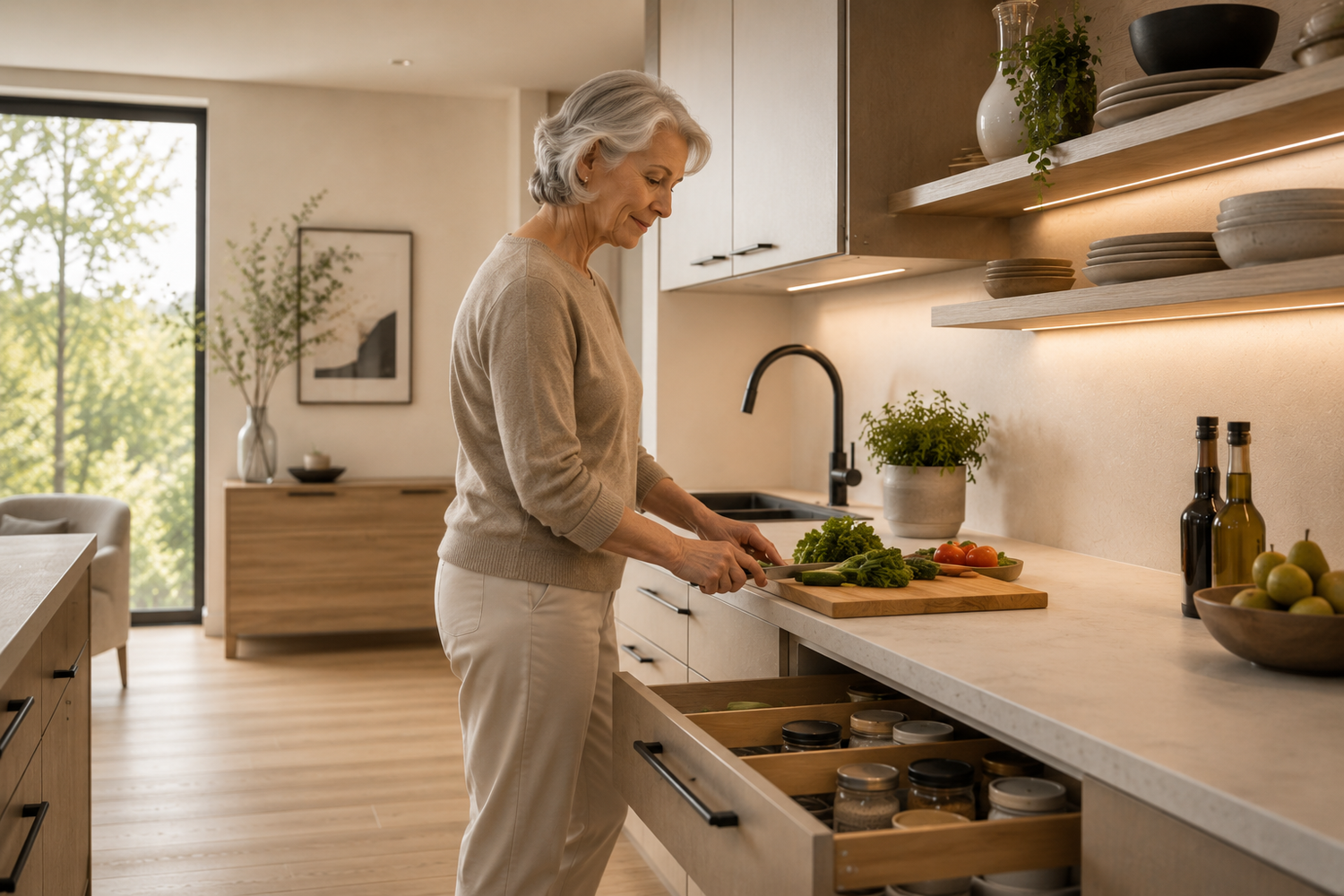 Modern aging-in-place kitchen for seniors with safe layout, easy-reach storage, wide walkways, and soft lighting