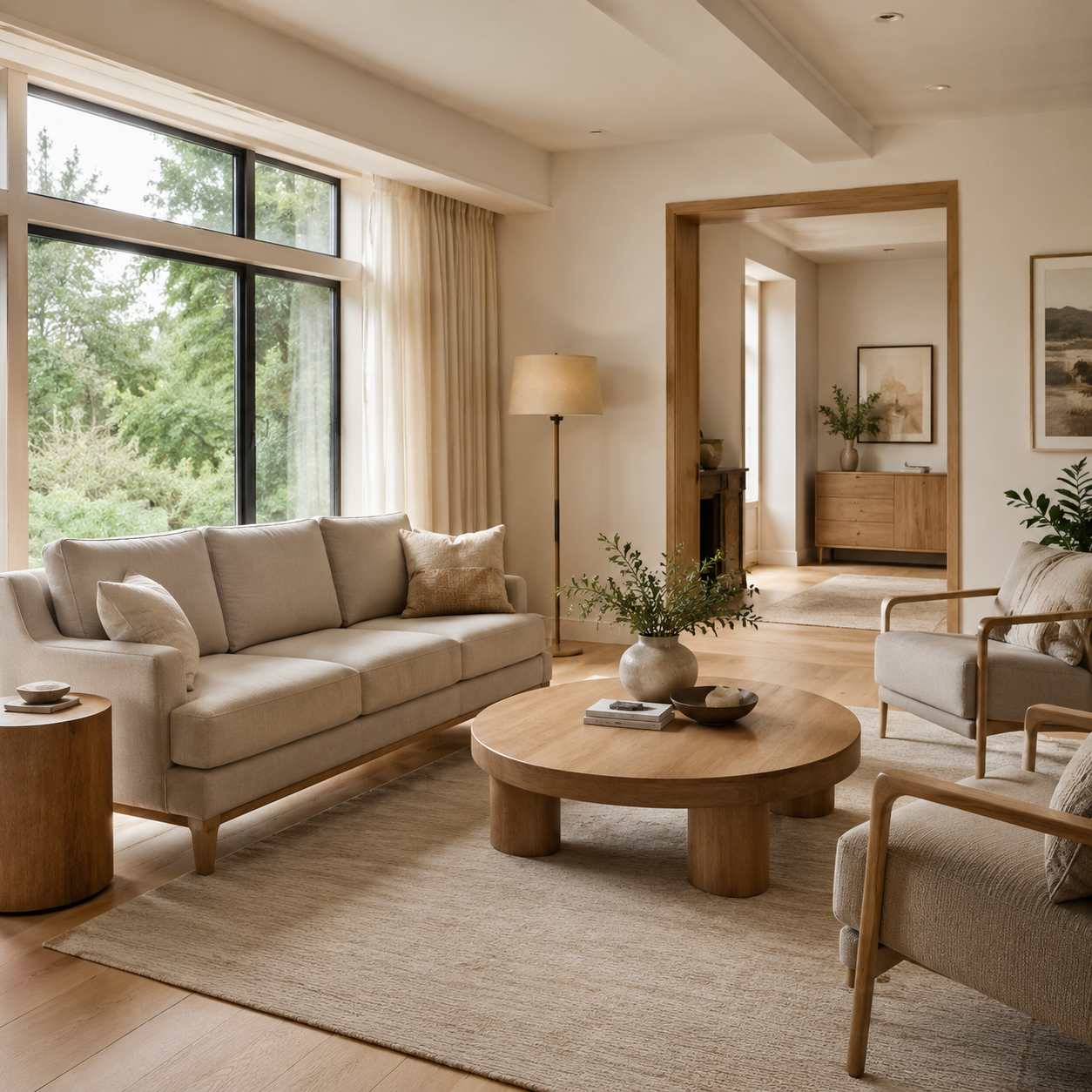 alt="Aging-in-place living room design with open walkways, stable sofa seating, rounded coffee table, and safe furniture layout for seniors and older adults"