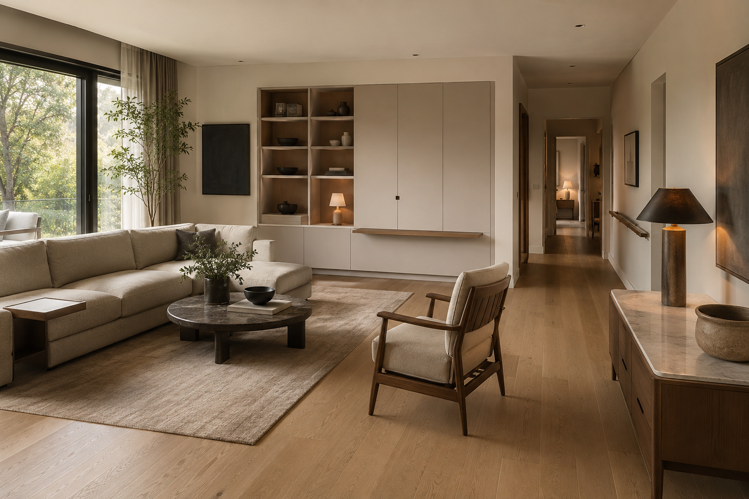 Aging-in-place storage design with safe circulation, easy-to-reach drawers, clear walkways, and accessible furniture layout for seniors and retirees