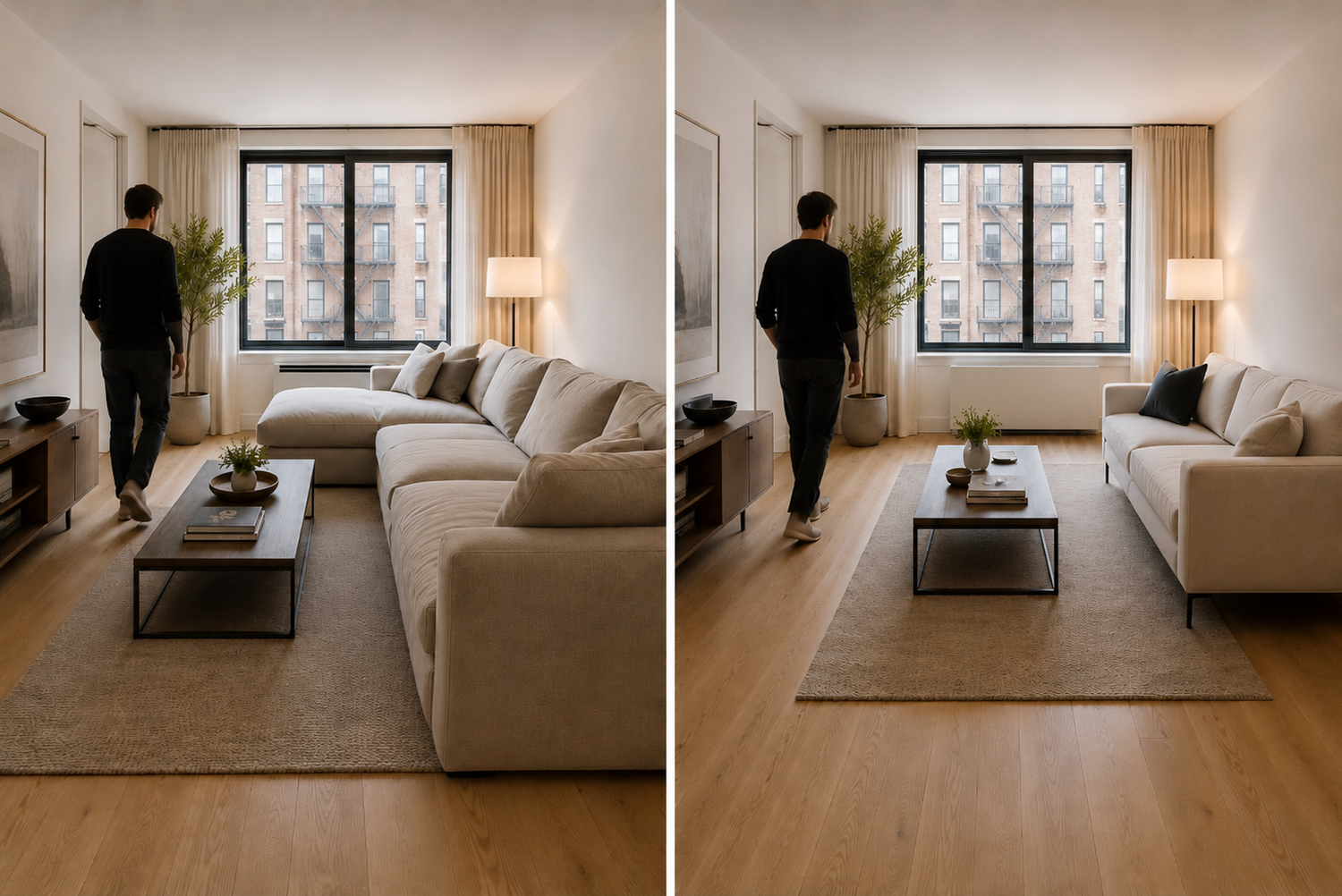 Small apartment living room showing properly sized sofa preserving open circulation compared to oversized sofa compressing walkway and movement space