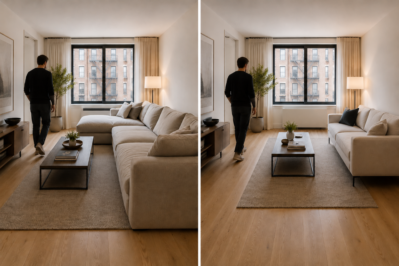 Small apartment living room showing properly sized sofa preserving open circulation compared to oversized sofa compressing walkway and movement space