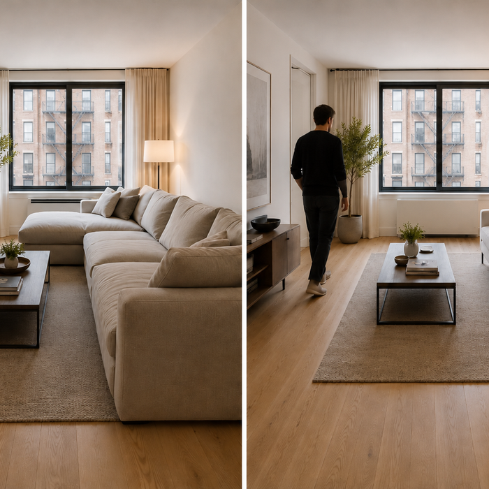 Small apartment living room showing properly sized sofa preserving open circulation compared to oversized sofa compressing walkway and movement space