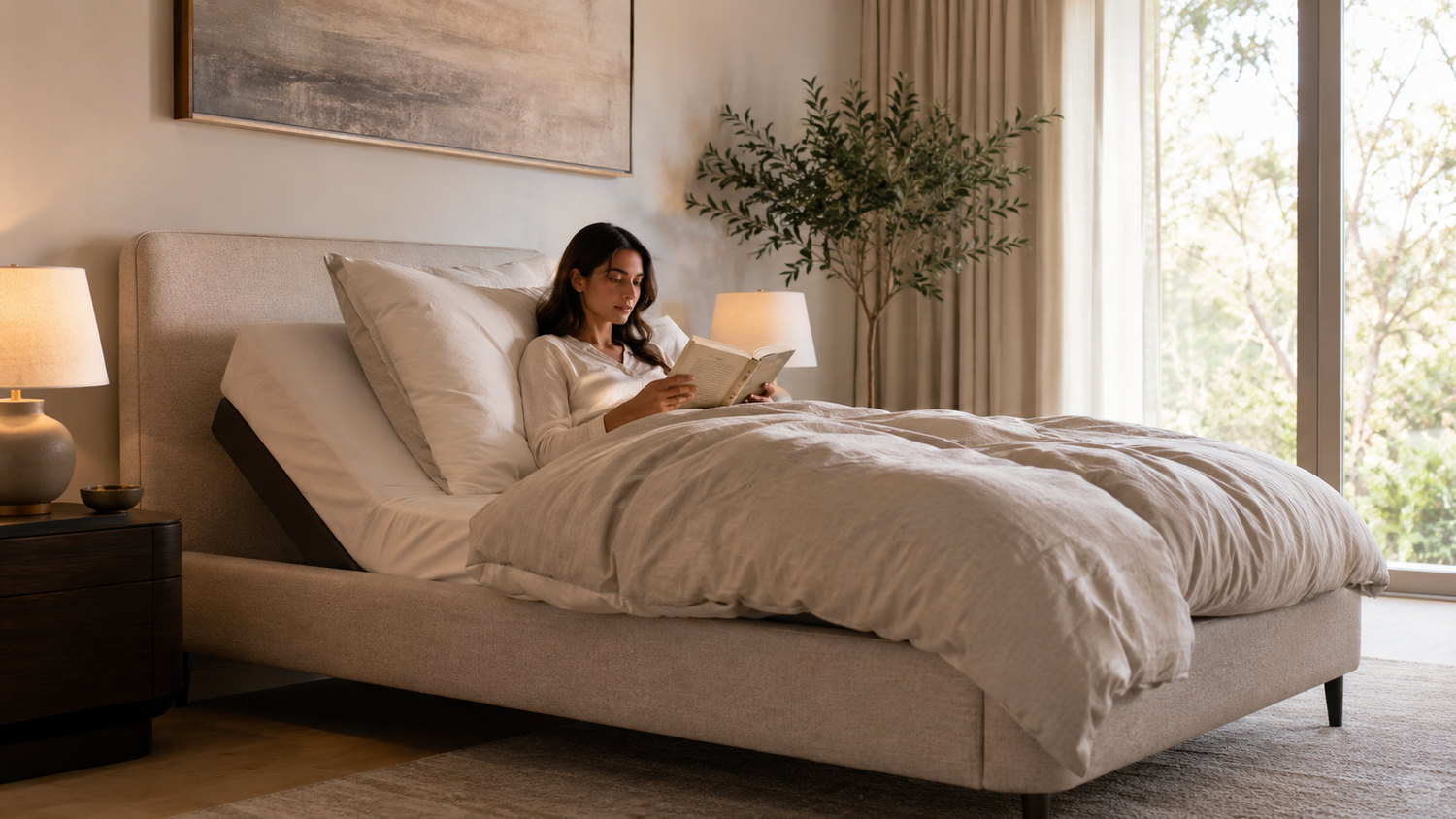 Adjustable bed in a modern bedroom showing elevated head position for improved comfort, recovery, and sleep quality