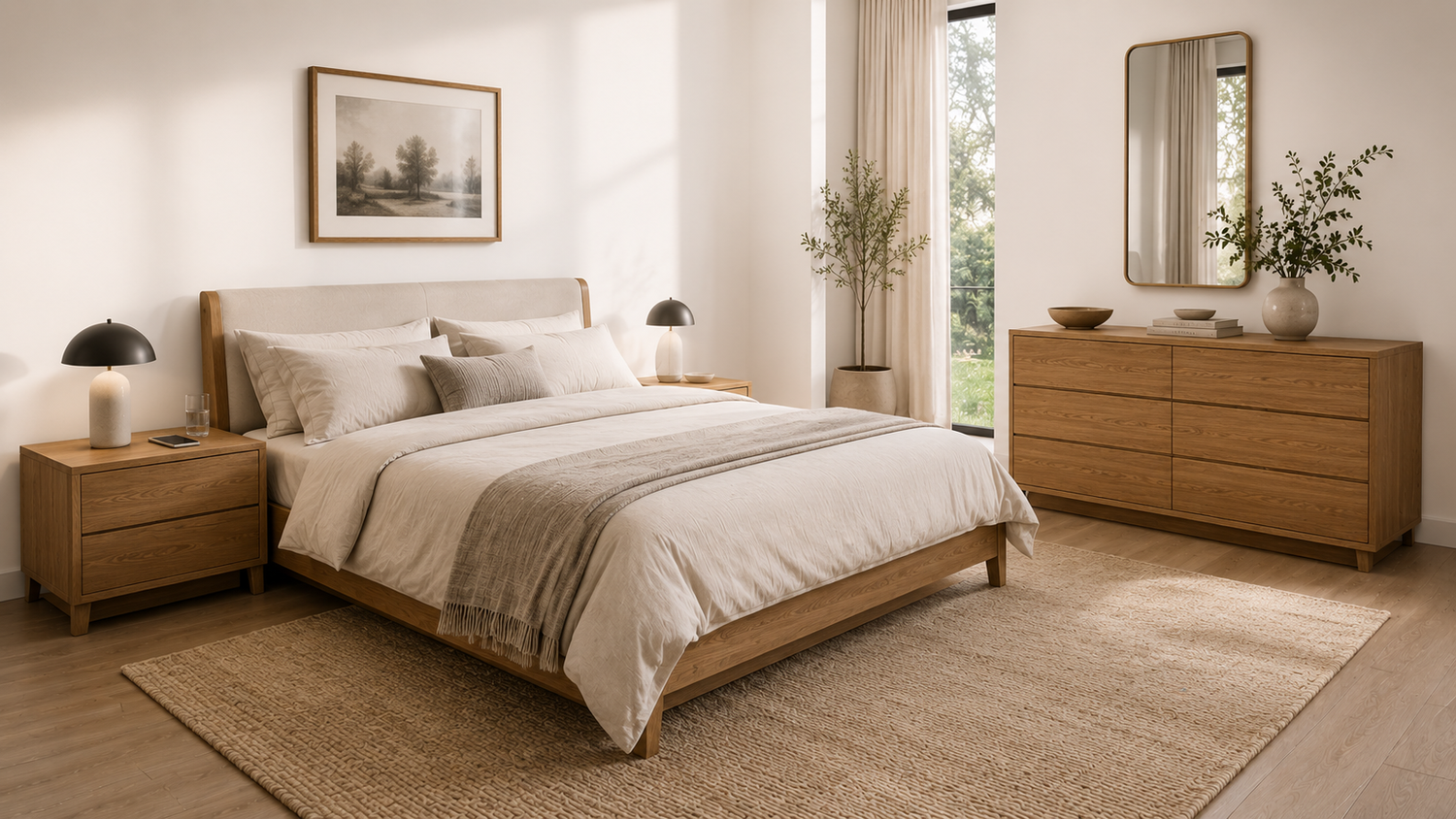 Bedroom furniture safety guide showing proper nightstand height, dresser placement, and a clear walking path for a safer bedroom.