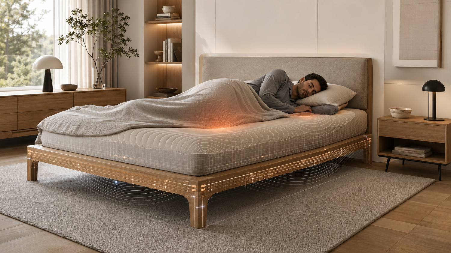 Bedroom engineering illustration showing how mattress support, pillow alignment, bed-frame stability, heat, and motion interact to influence sleep quality.