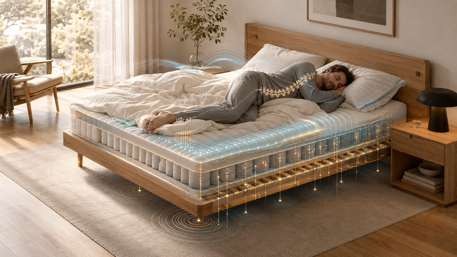 Bedroom sleep diagnostic system showing mattress support, pillow alignment, motion transfer, heat retention, and bed-frame engineering that affect sleep quality.