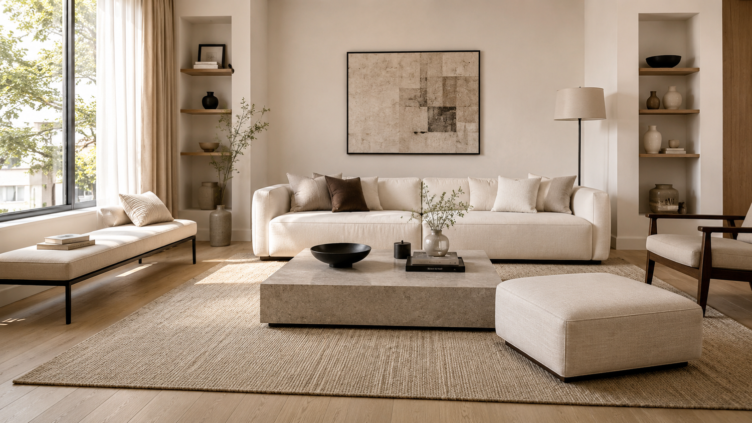 Elegant living room layout with coffee table ottoman and bench creating flexible seating open flow and a spacious modern feel