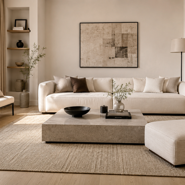 Elegant living room layout with coffee table ottoman and bench creating flexible seating open flow and a spacious modern feel