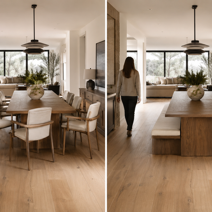 Dining bench vs dining chairs in a modern dining room showing how bench seating improves walkway clearance, circulation flow, and space efficiency compared with pulled-out dining chairs