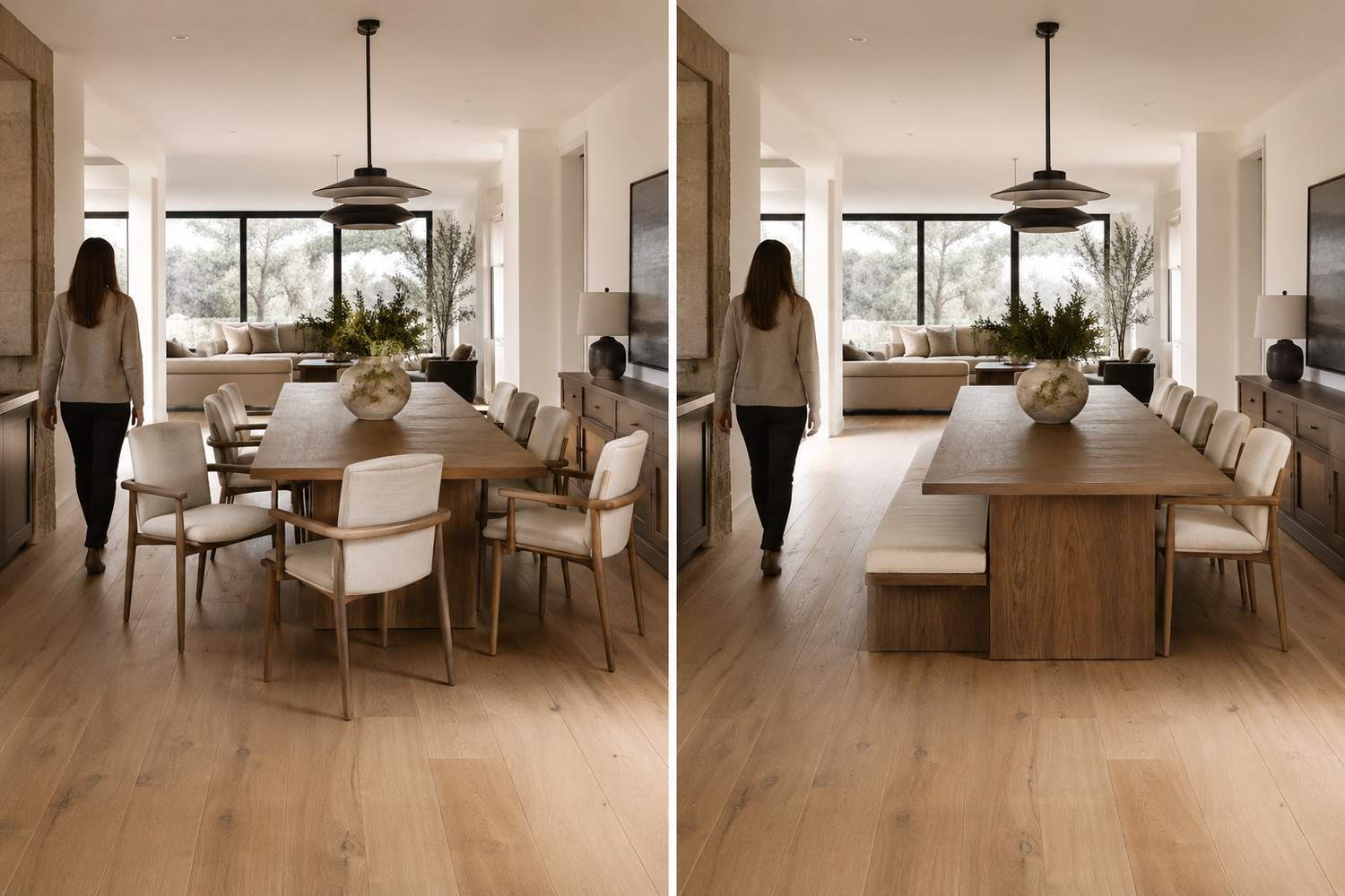 Dining bench vs dining chairs in a modern dining room showing how bench seating improves walkway clearance, circulation flow, and space efficiency compared with pulled-out dining chairs