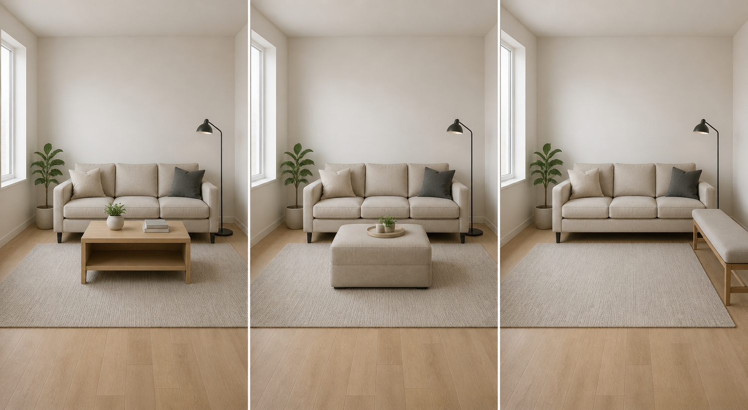 Living room layout comparison with coffee table ottoman and bench showing how to arrange seating without blocking walkways