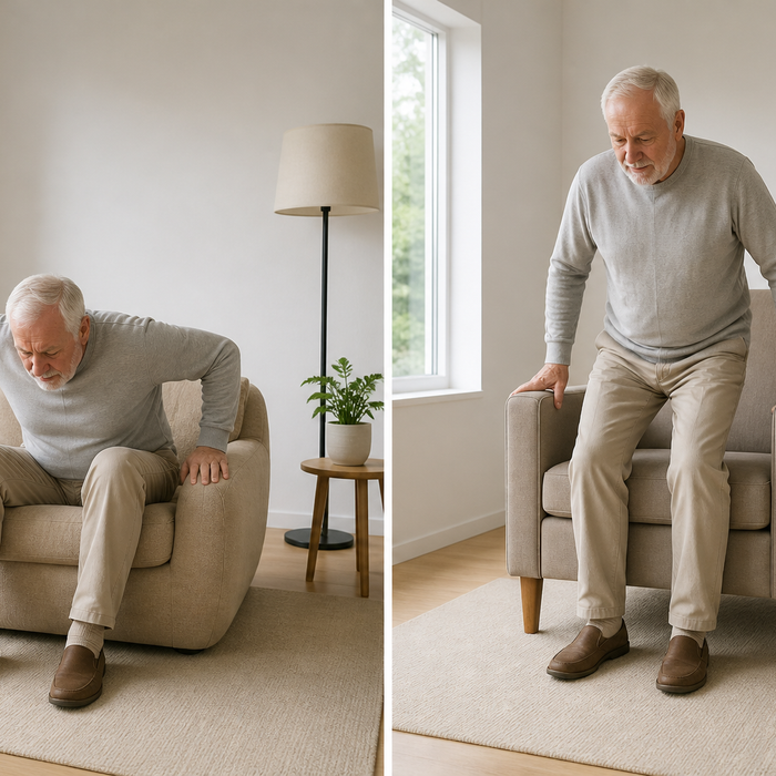 Elderly man struggling to stand from low soft chair compared with firm high seat armchair that supports easy sit to stand