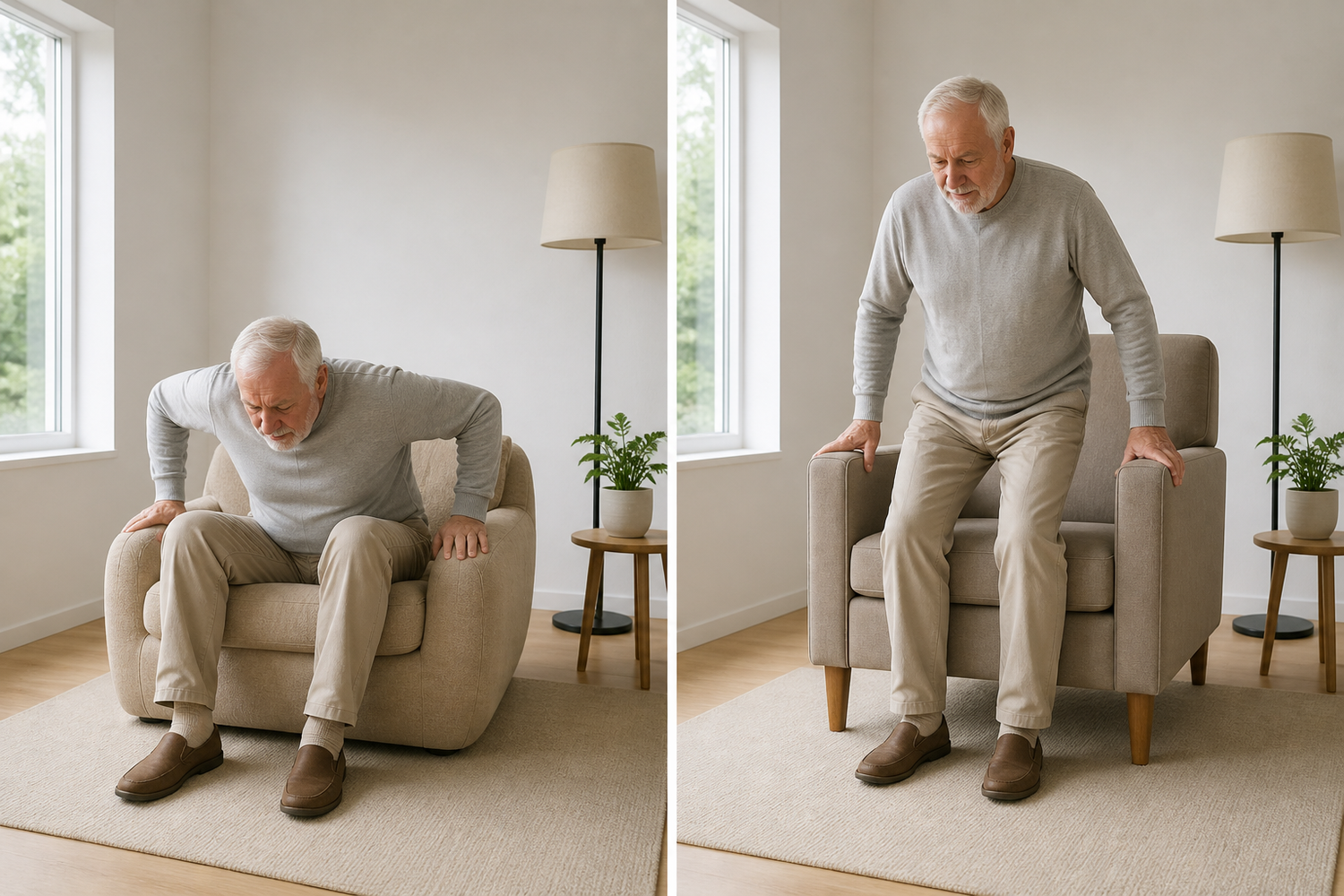 Elderly man struggling to stand from low soft chair compared with firm high seat armchair that supports easy sit to stand