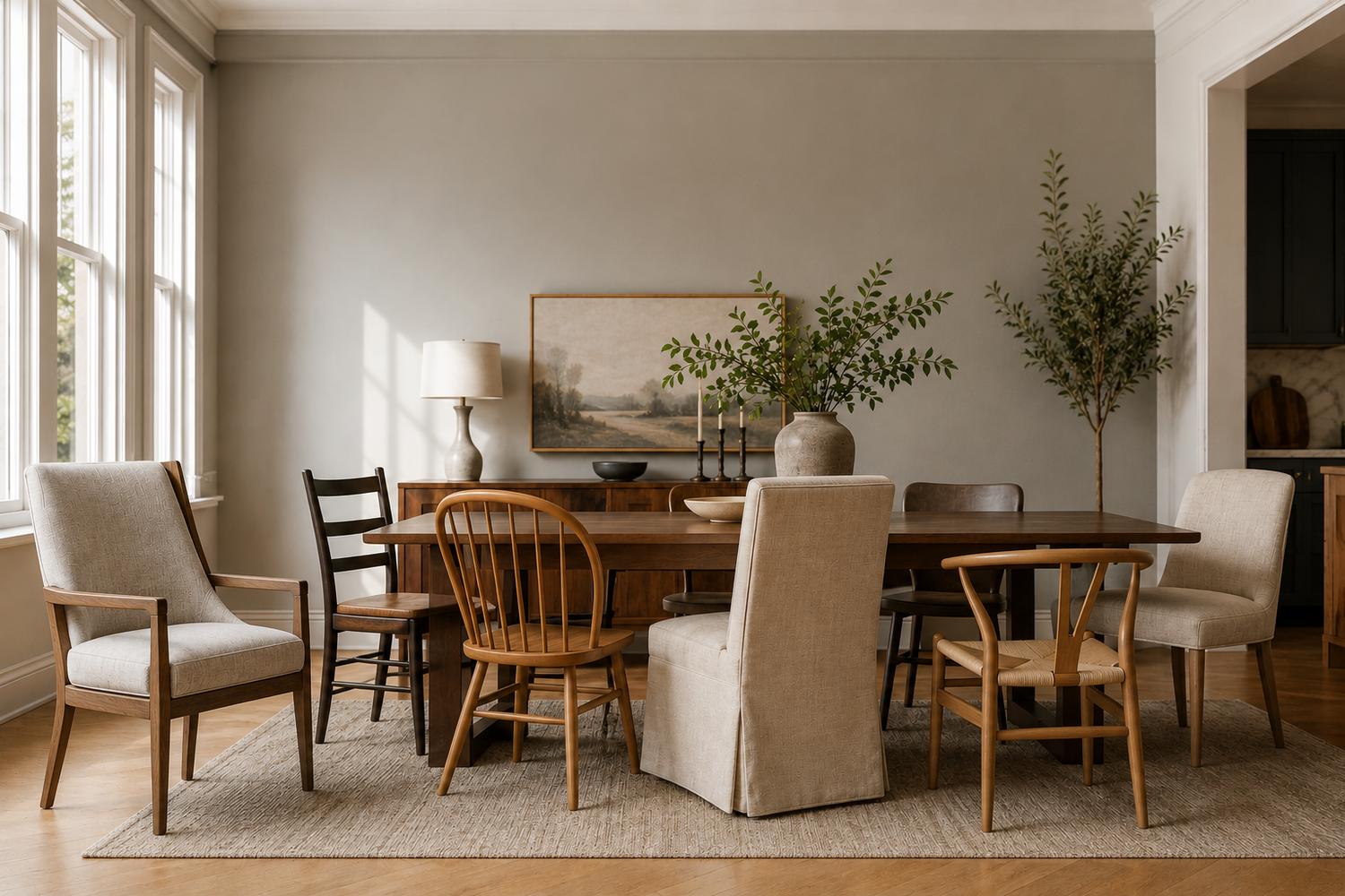 Best dining chairs buying guide featuring upholstered, solid wood, Windsor, Parsons, Wishbone, and dining armchairs in a modern luxury dining room.