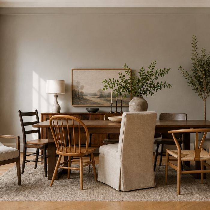 Best dining chairs buying guide featuring upholstered, solid wood, Windsor, Parsons, Wishbone, and dining armchairs in a modern luxury dining room.
