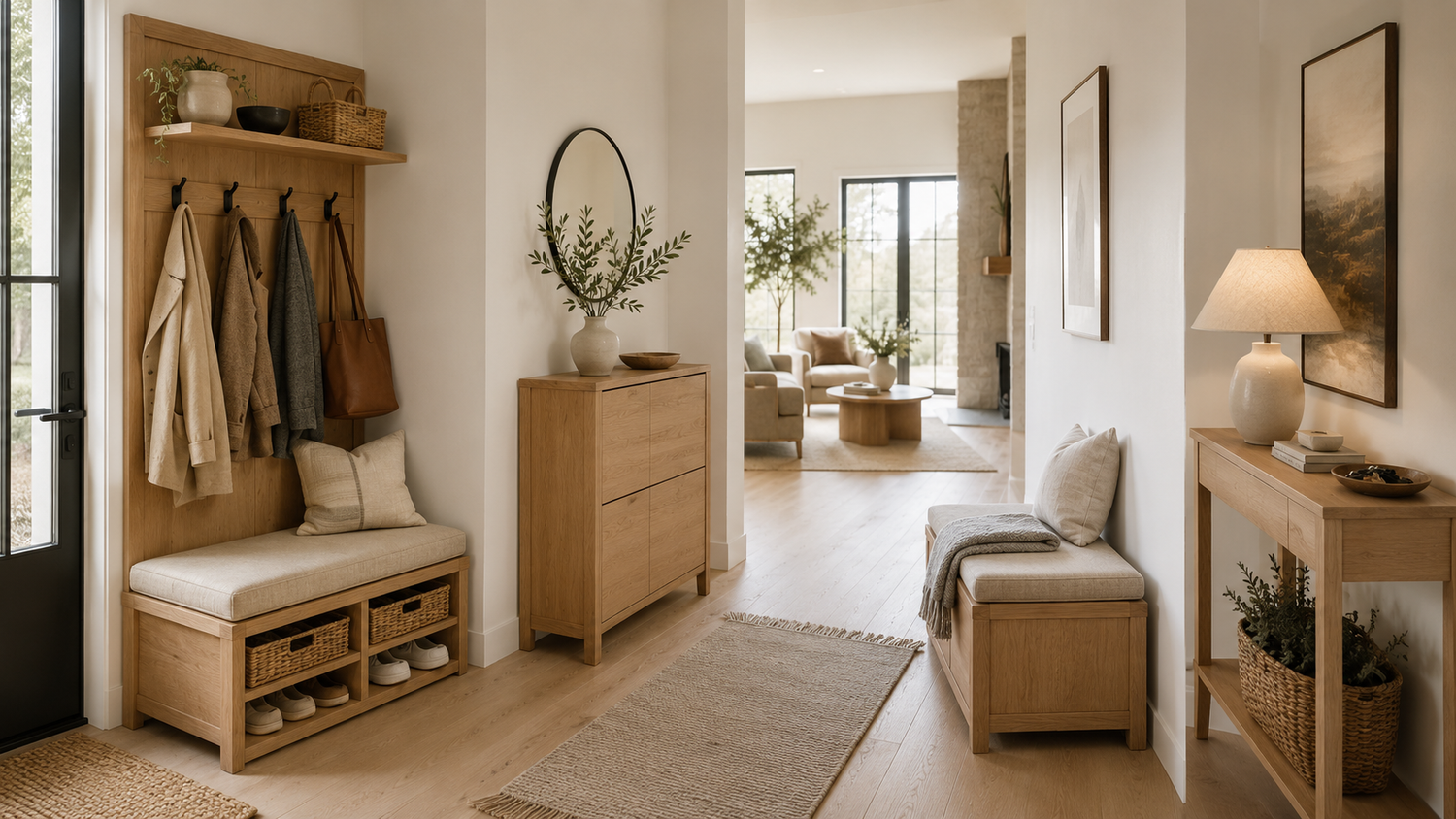 Best entryway furniture for small spaces featuring a hall tree, shoe cabinet, storage bench, and console table in a modern Scandinavian entryway