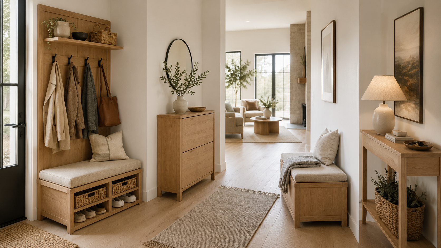 Best entryway furniture for small spaces featuring a hall tree, shoe cabinet, storage bench, and console table in a modern Scandinavian entryway