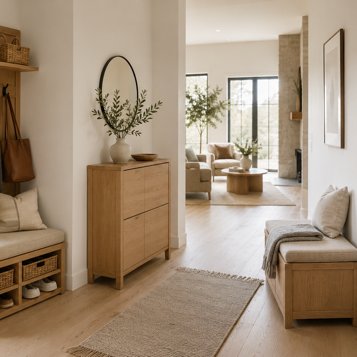 Best entryway furniture for small spaces featuring a hall tree, shoe cabinet, storage bench, and console table in a modern Scandinavian entryway