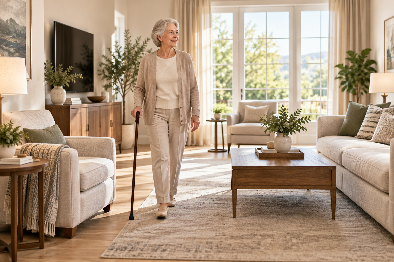 Best furniture for seniors in an aging-in-place living room with supportive sofa, senior-friendly seating, and clear walkways
