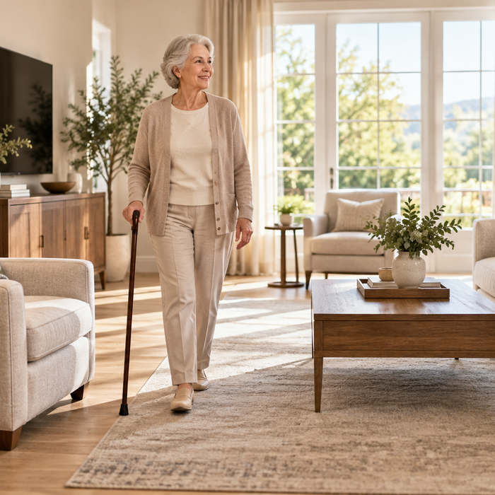 Best furniture for seniors in an aging-in-place living room with supportive sofa, senior-friendly seating, and clear walkways