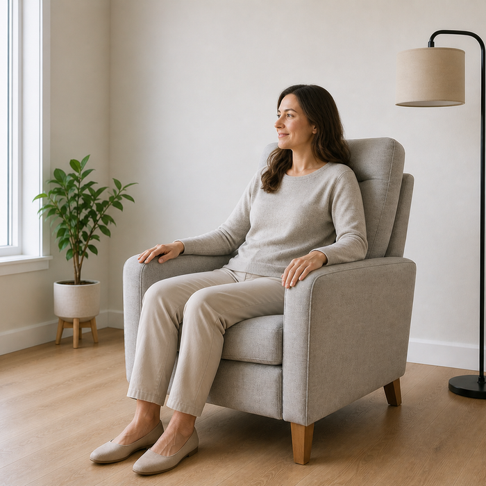 Most comfortable living room chair design with ergonomic support, correct seating position, and balanced height for easy sitting and standing