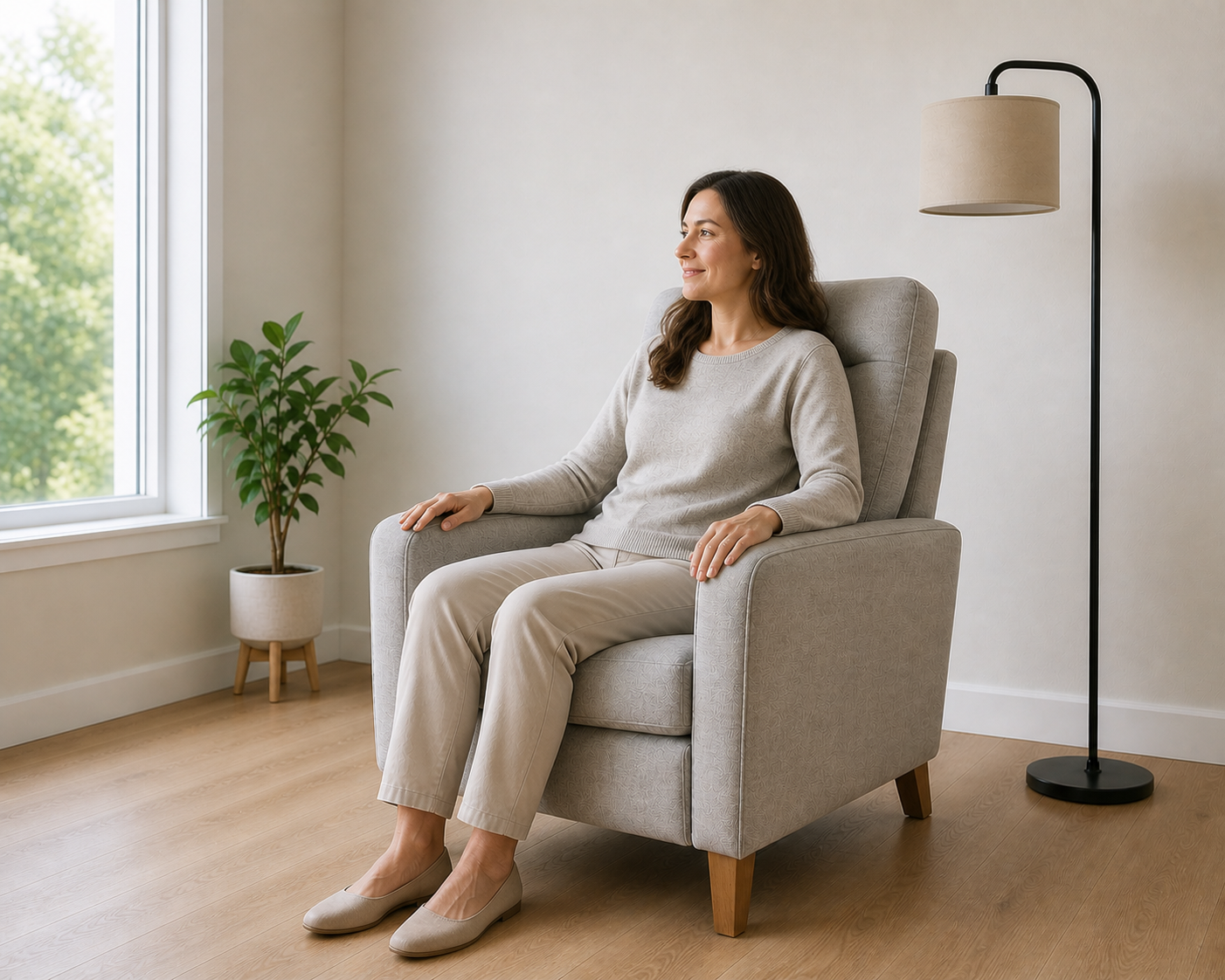 Most comfortable living room chair design with ergonomic support, correct seating position, and balanced height for easy sitting and standing