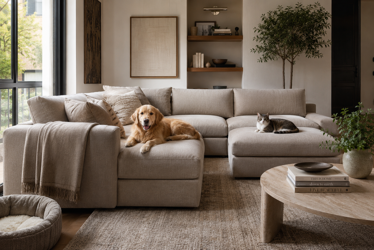 pet-friendly performance-fabric sectional sofa with dog and cat in elegant modern living room designed for durability and easy cleaning