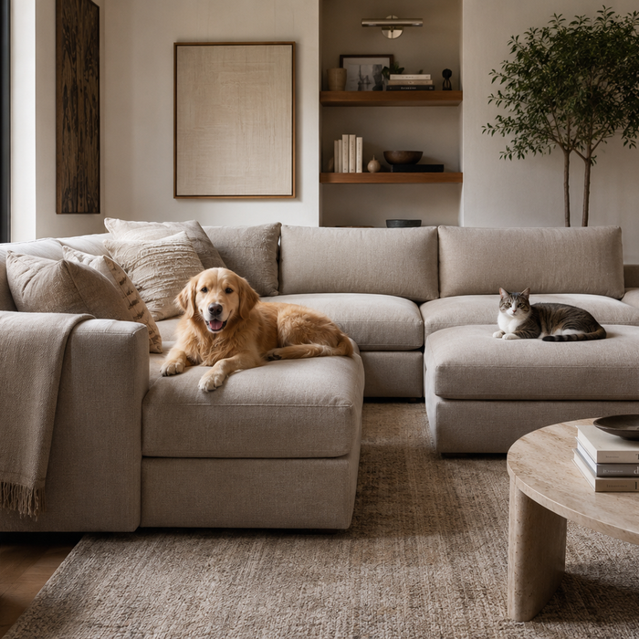 pet-friendly performance-fabric sectional sofa with dog and cat in elegant modern living room designed for durability and easy cleaning