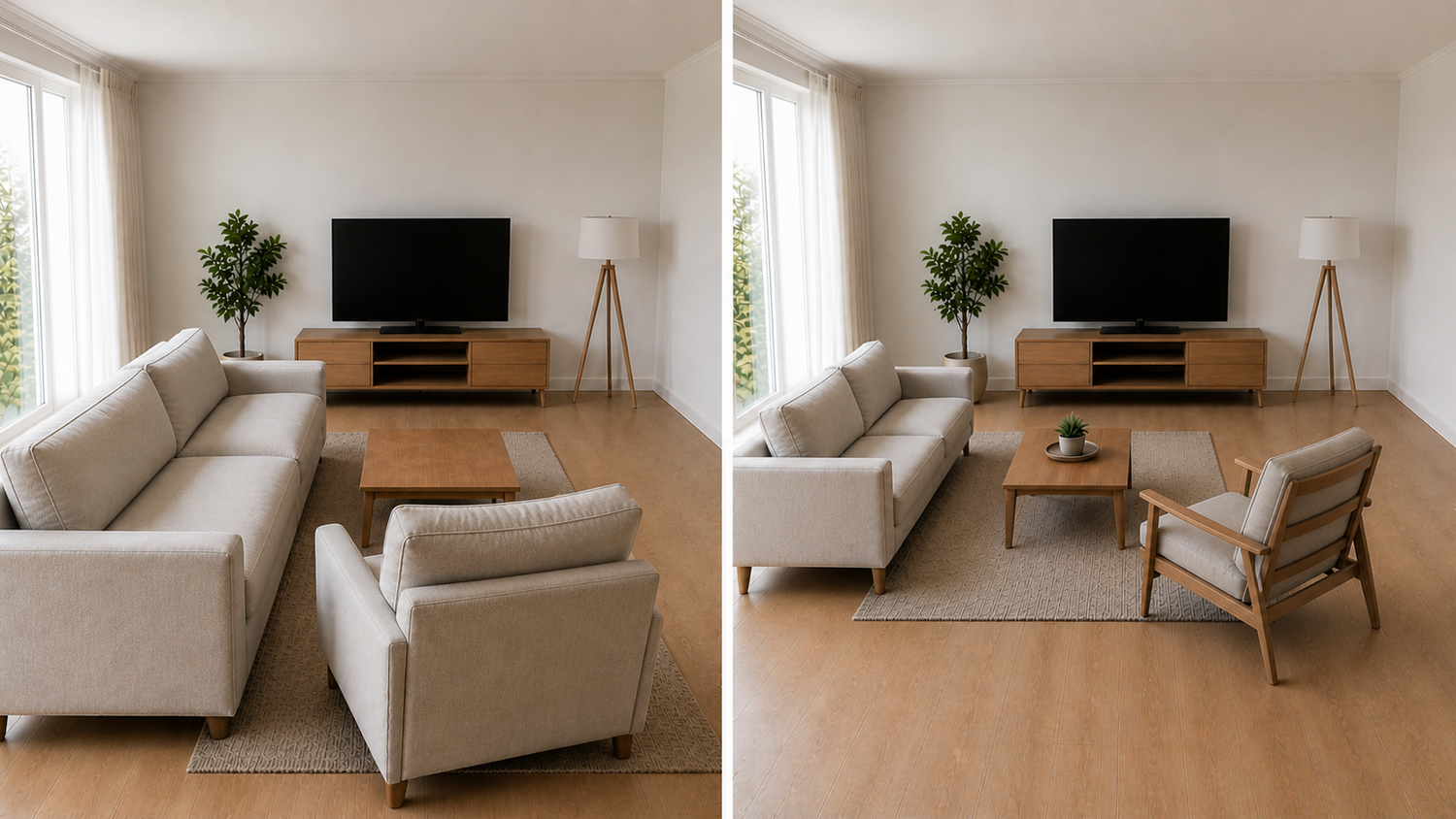 Best seating for small living rooms comparison showing cramped layout versus space-saving arrangement with sofa, chair, and clear walkway