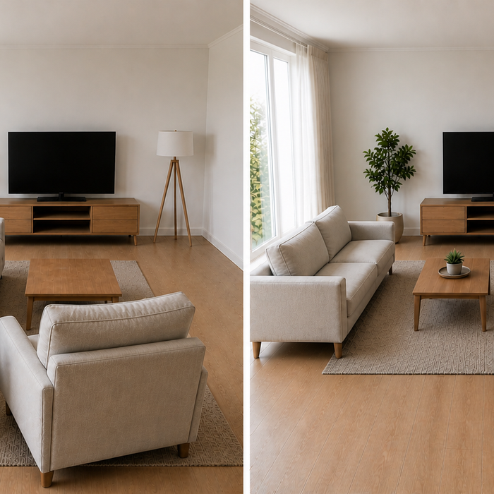 Best seating for small living rooms comparison showing cramped layout versus space-saving arrangement with sofa, chair, and clear walkway