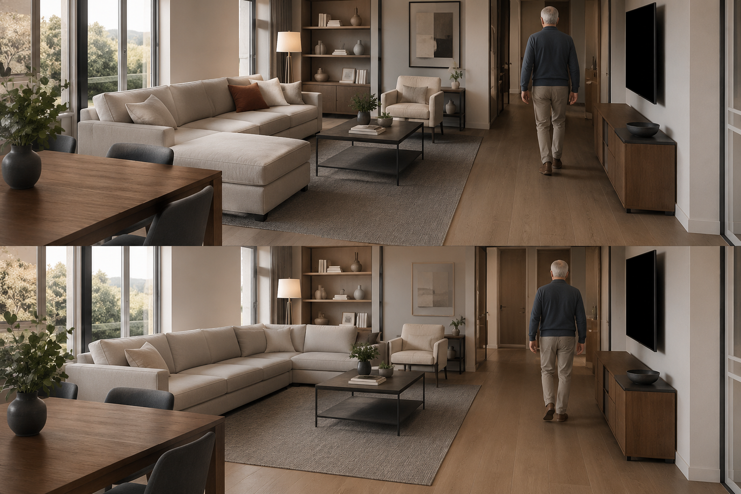 Elegant aging-in-place living room featuring a supportive sectional sofa with open circulation paths, comfortable seating height, and senior-friendly furniture layout