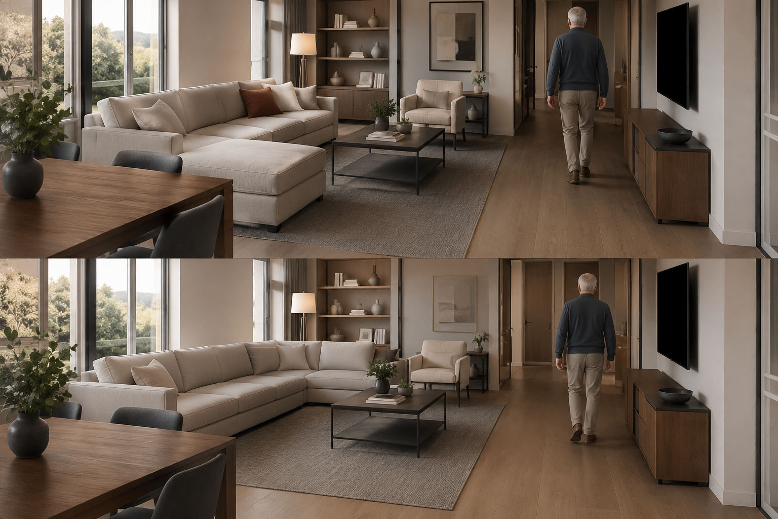 Elegant aging-in-place living room featuring a supportive sectional sofa with open circulation paths, comfortable seating height, and senior-friendly furniture layout